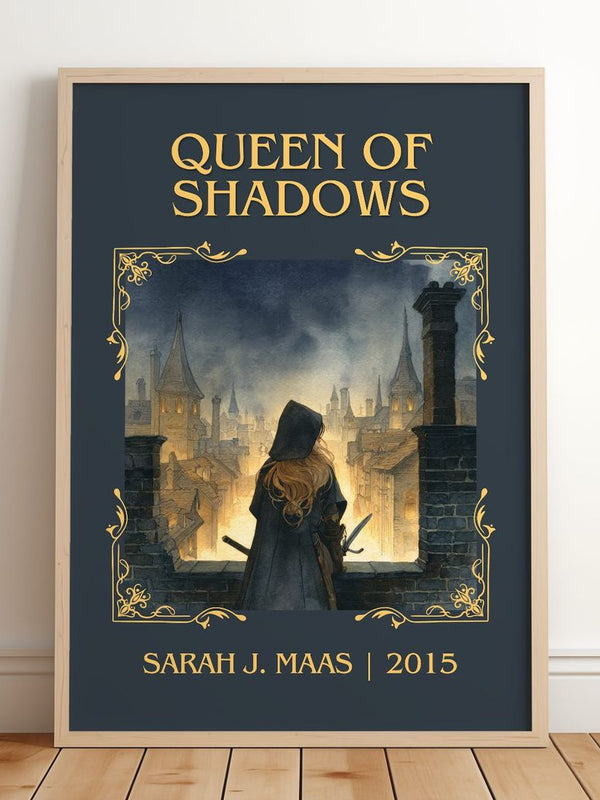 Queen Of Shadows Classic Book Art Print by Sarah J. Maas – framed print leaning on a wooden floor