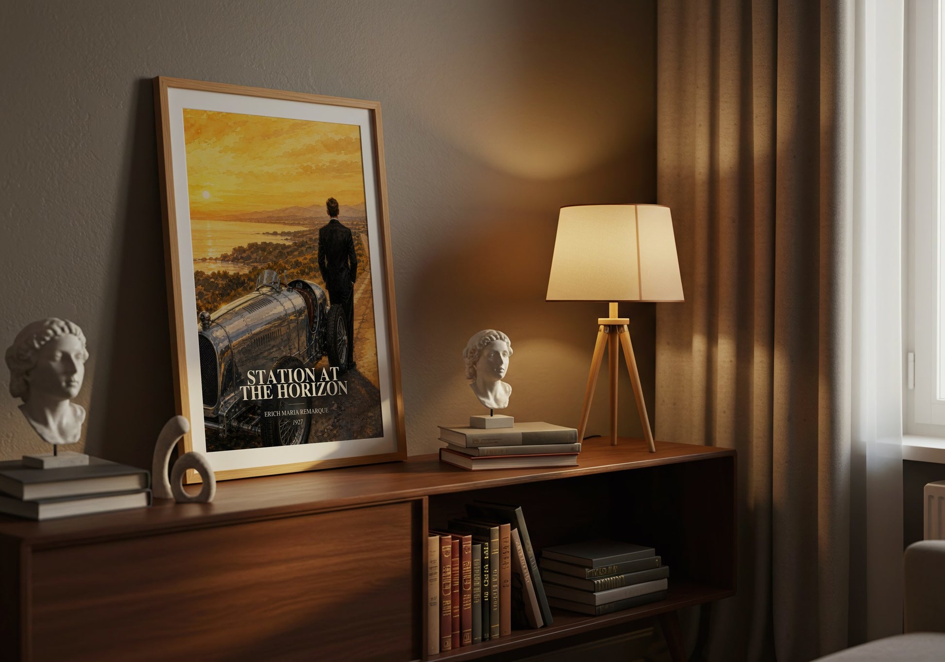 Station At The Horizon watercolour print on bookshelf – Erich Maria Remarque fan gift