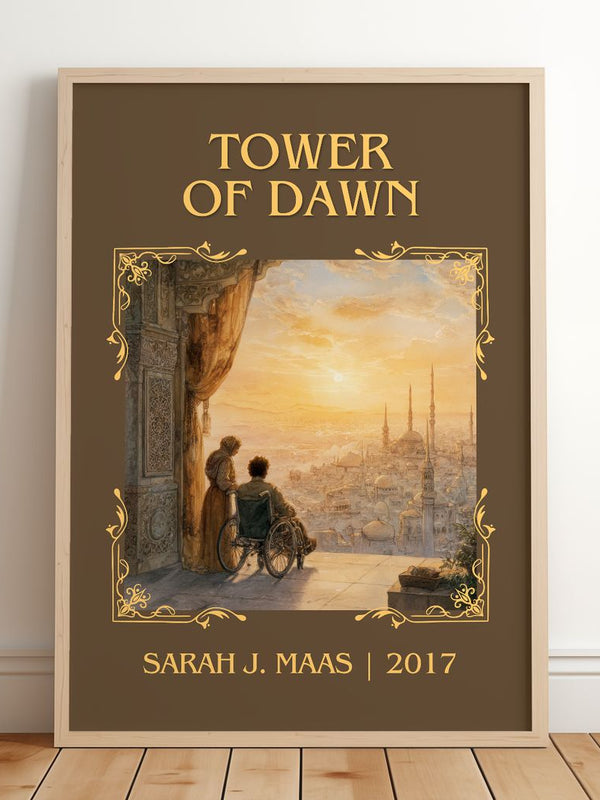 Tower Of Dawn Classic Book Art Print by Sarah J. Maas – framed print leaning on a wooden floor
