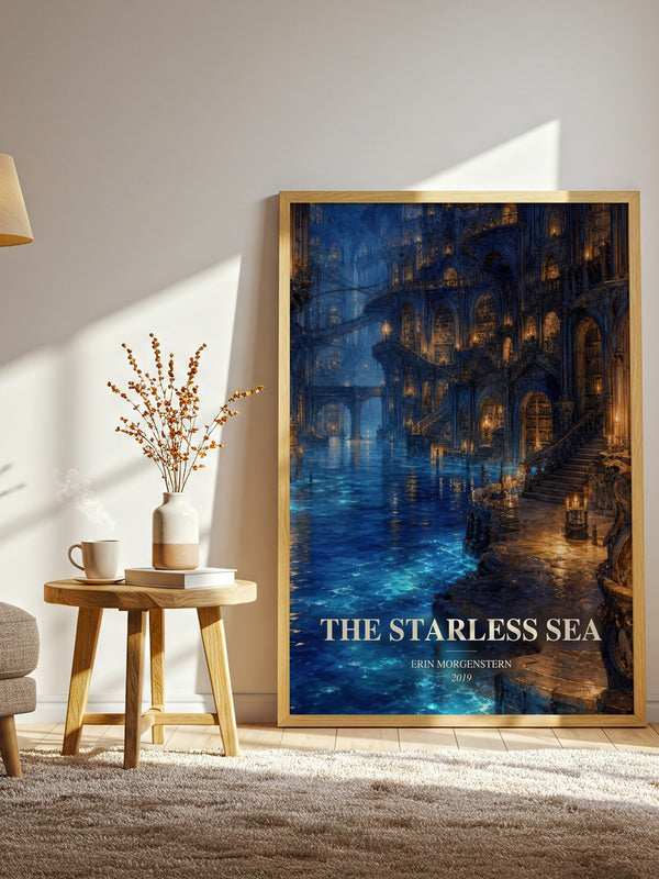 The Starless Sea watercolour print in frame leaning in hallway – fantasy wall art