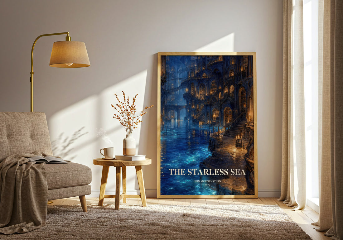 The Starless Sea watercolour print in frame leaning in hallway – fantasy wall art (mockup)