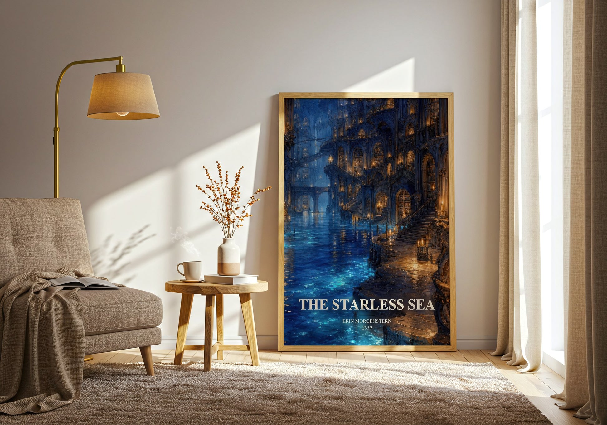 The Starless Sea watercolour print in frame leaning in hallway – fantasy wall art