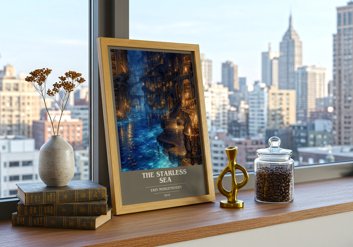 The Starless Sea book cover print framed by window – literary home decor