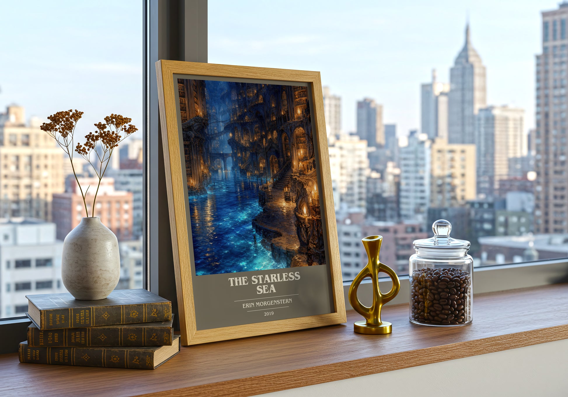The Starless Sea book cover print framed by window – literary home decor