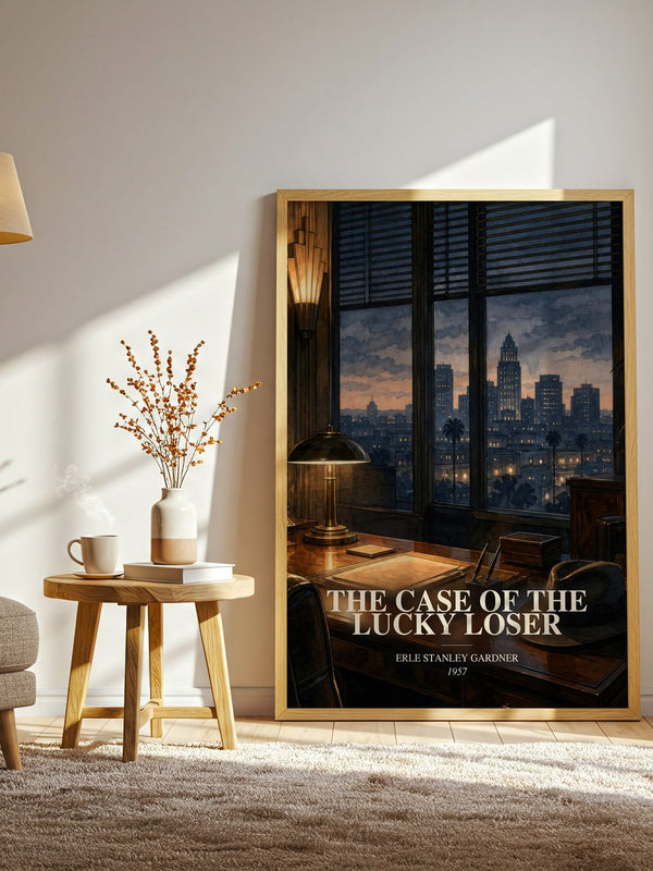 The Case Of The Lucky Loser watercolour print in frame leaning in hallway – mystery wall art
