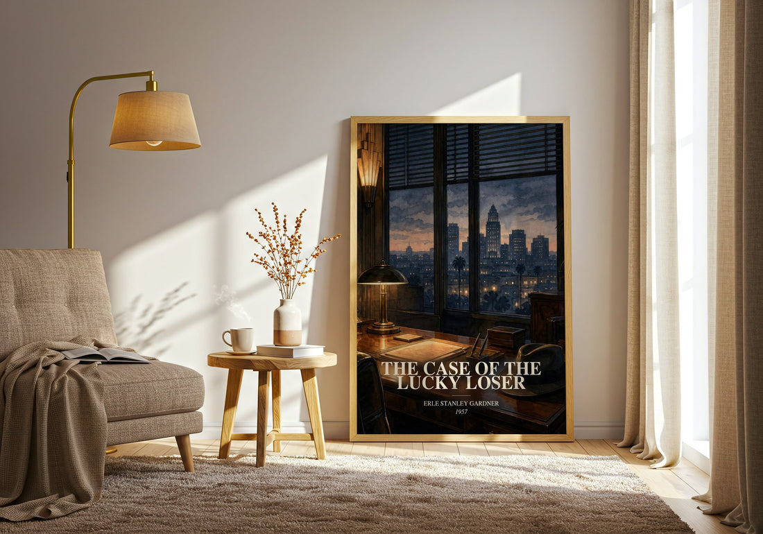 The Case Of The Lucky Loser watercolour print in frame leaning in hallway – mystery wall art (mockup)