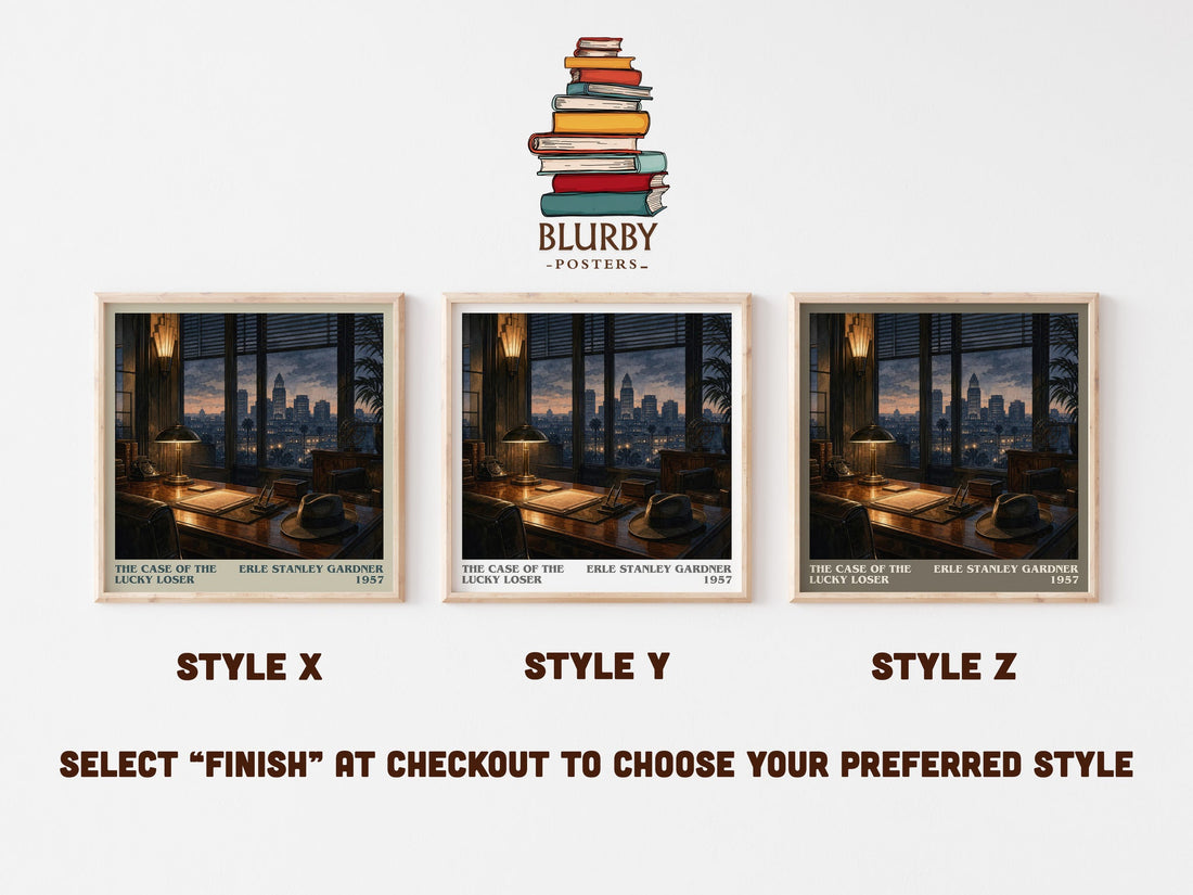 The Case Of The Lucky Loser literary print in frame leaning in hallway – mystery wall art (mockup)