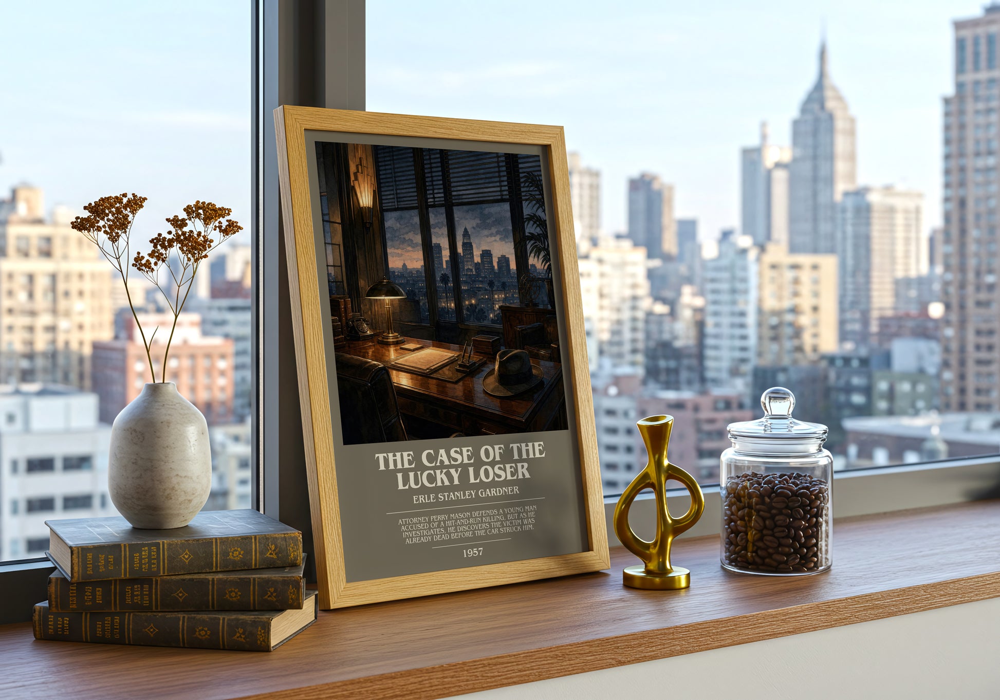 The Case Of The Lucky Loser bookish print framed by window – literary home decor