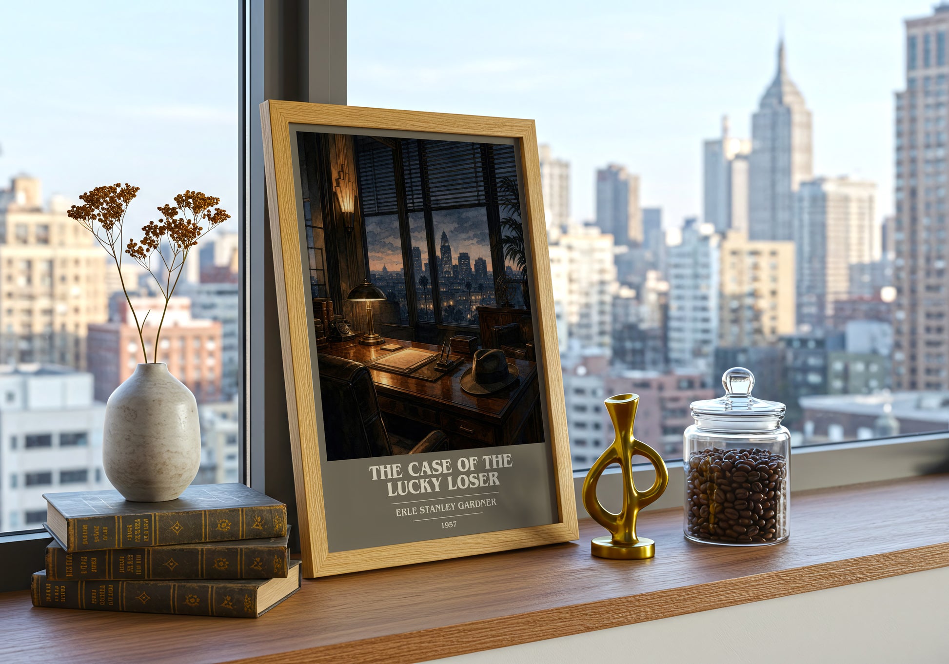The Case Of The Lucky Loser book cover print framed by window – literary home decor