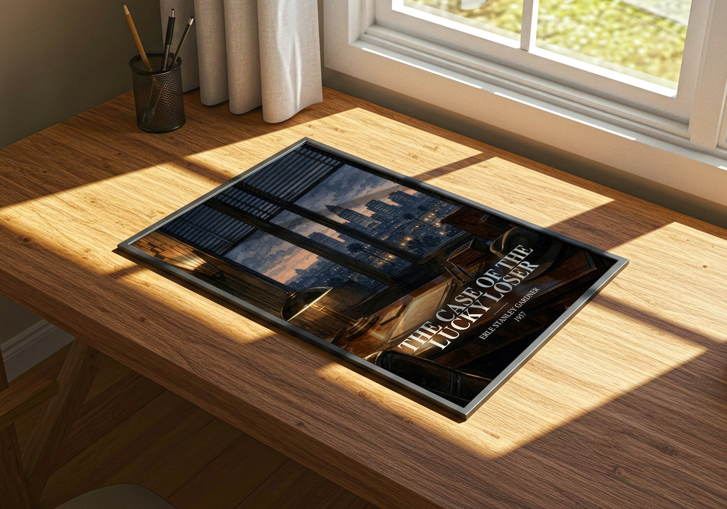 The Case Of The Lucky Loser watercolour book poster framed on wall – mystery wall art