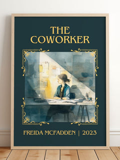 The Coworker Classic Book Art Print by Freida McFadden – framed print leaning on a wooden floor