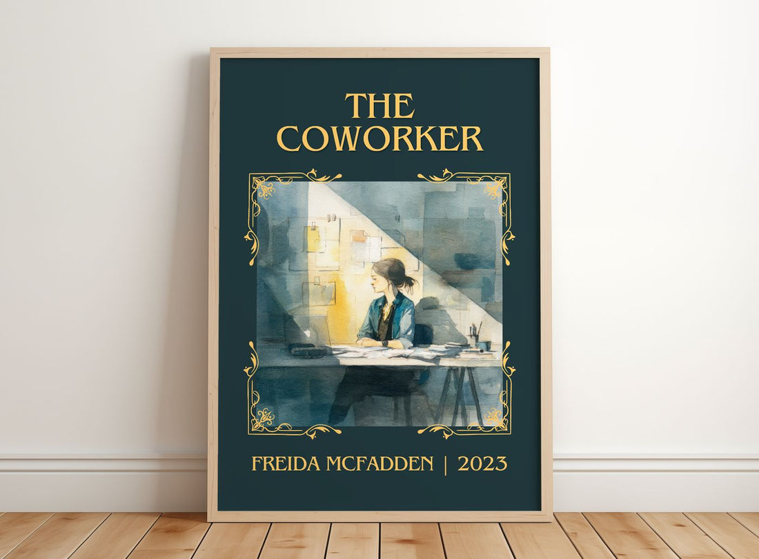 The Coworker Classic Book Art Print by Freida McFadden – framed print leaning on a wooden floor