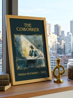 The Coworker Classic Book Art Print by Freida McFadden – framed print on a city-view windowsill
