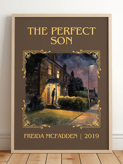 The Perfect Son Classic Book Art Print by Freida McFadden – framed print leaning on a wooden floor