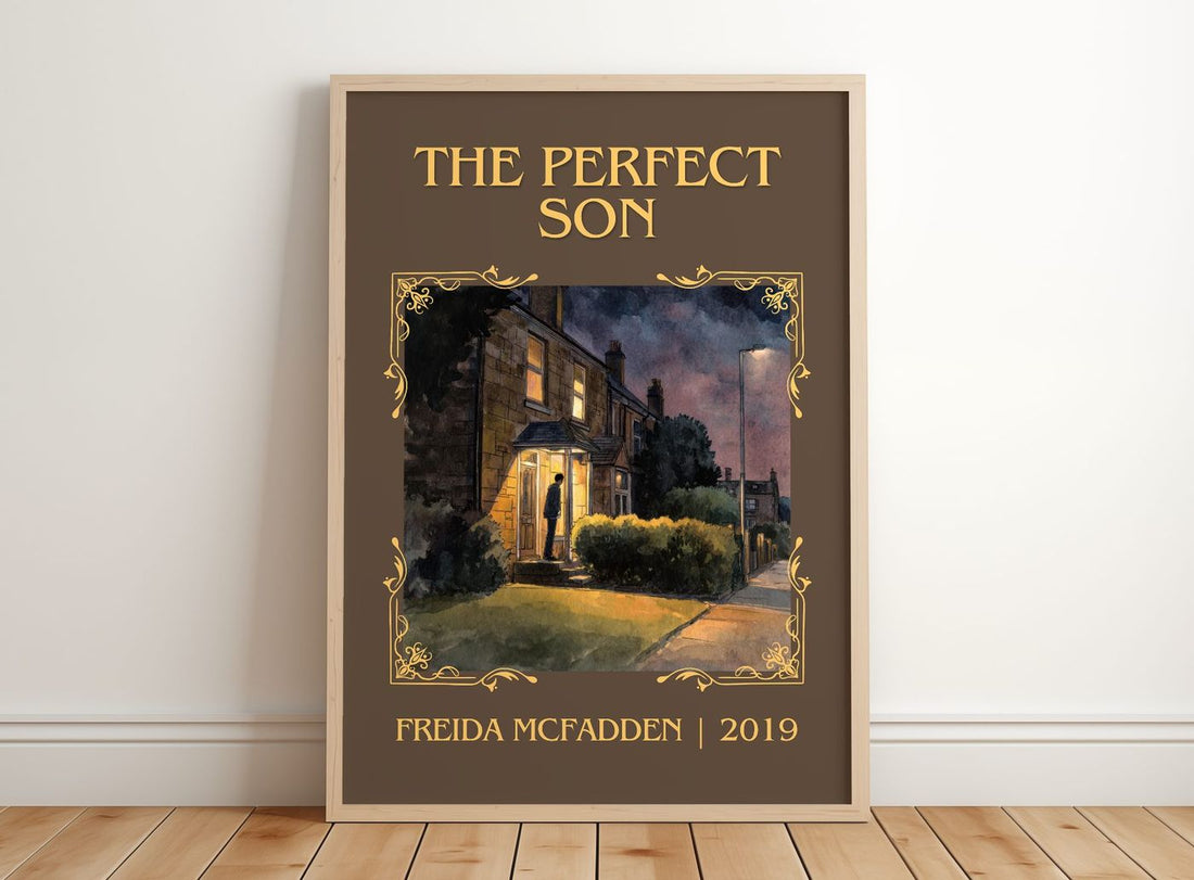 The Perfect Son Classic Book Art Print by Freida McFadden – framed print leaning on a wooden floor