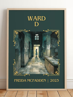 Ward D Classic Book Art Print by Freida McFadden – framed print leaning on a wooden floor