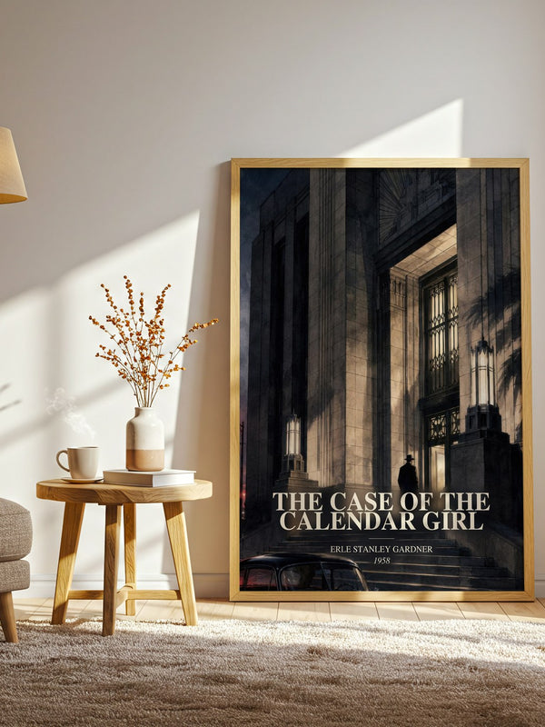 The Case Of The Calendar Girl watercolour print in frame leaning in hallway – mystery wall art