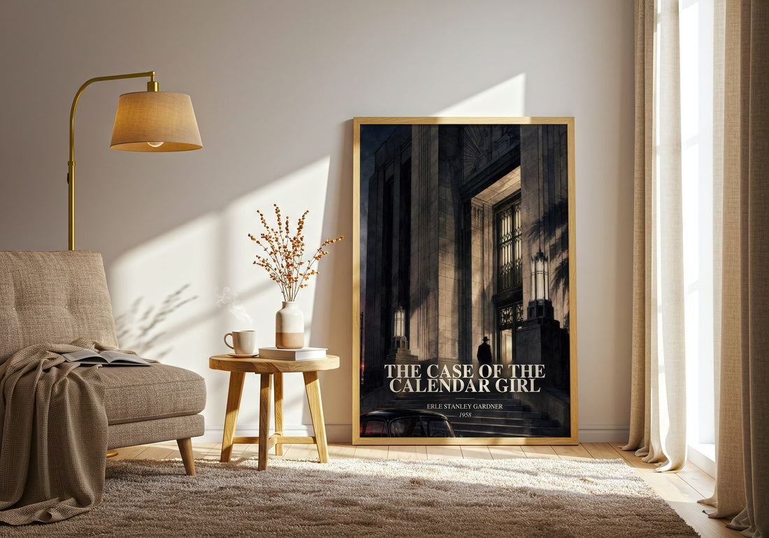 The Case Of The Calendar Girl watercolour print in frame leaning in hallway – mystery wall art (mockup)