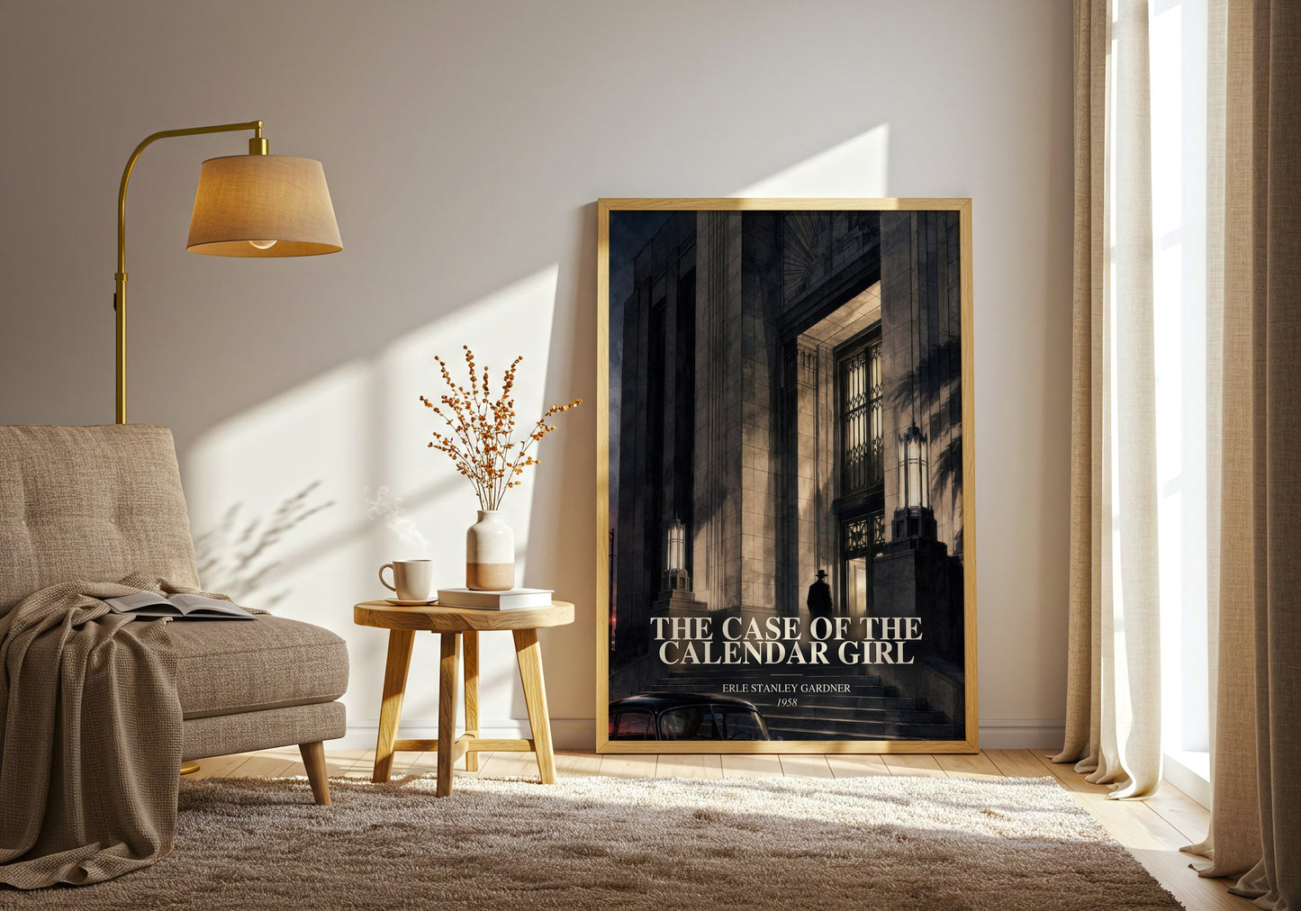 The Case Of The Calendar Girl watercolour print in frame leaning in hallway – mystery wall art
