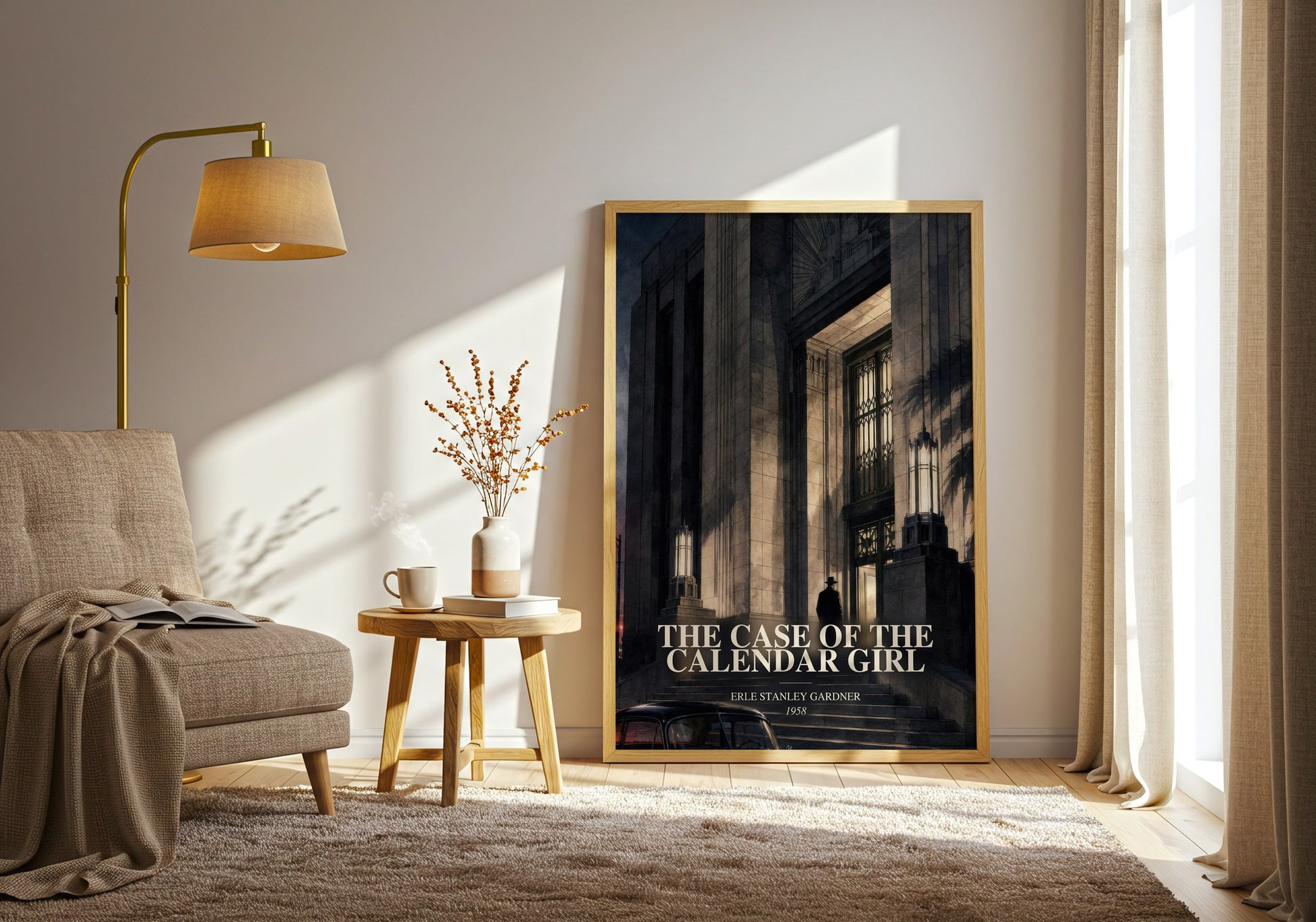 The Case Of The Calendar Girl watercolour print in frame leaning in hallway – mystery wall art