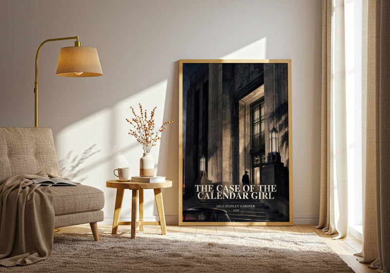 The Case Of The Calendar Girl watercolour print in frame leaning in hallway – mystery wall art