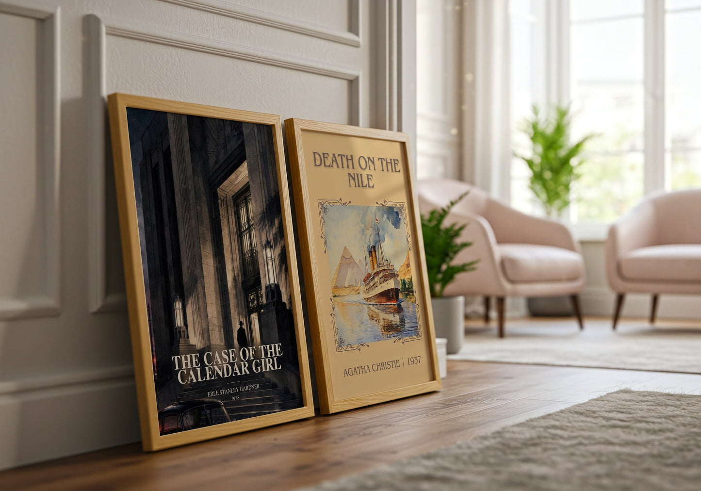The Case Of The Calendar Girl watercolour print framed by window – literary home decor