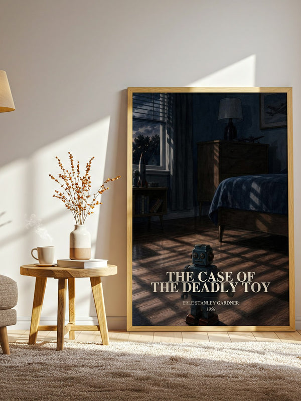 The Case Of The Deadly Toy watercolour print in frame leaning in hallway – mystery wall art