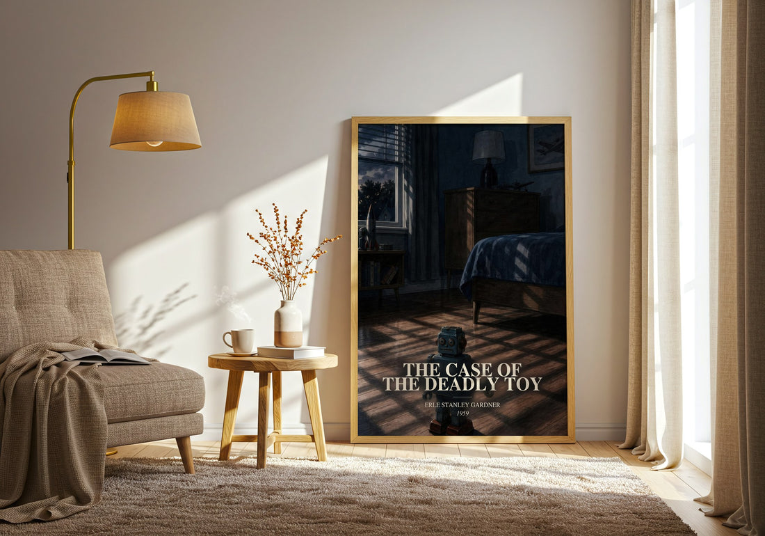 The Case Of The Deadly Toy watercolour print in frame leaning in hallway – mystery wall art (mockup)