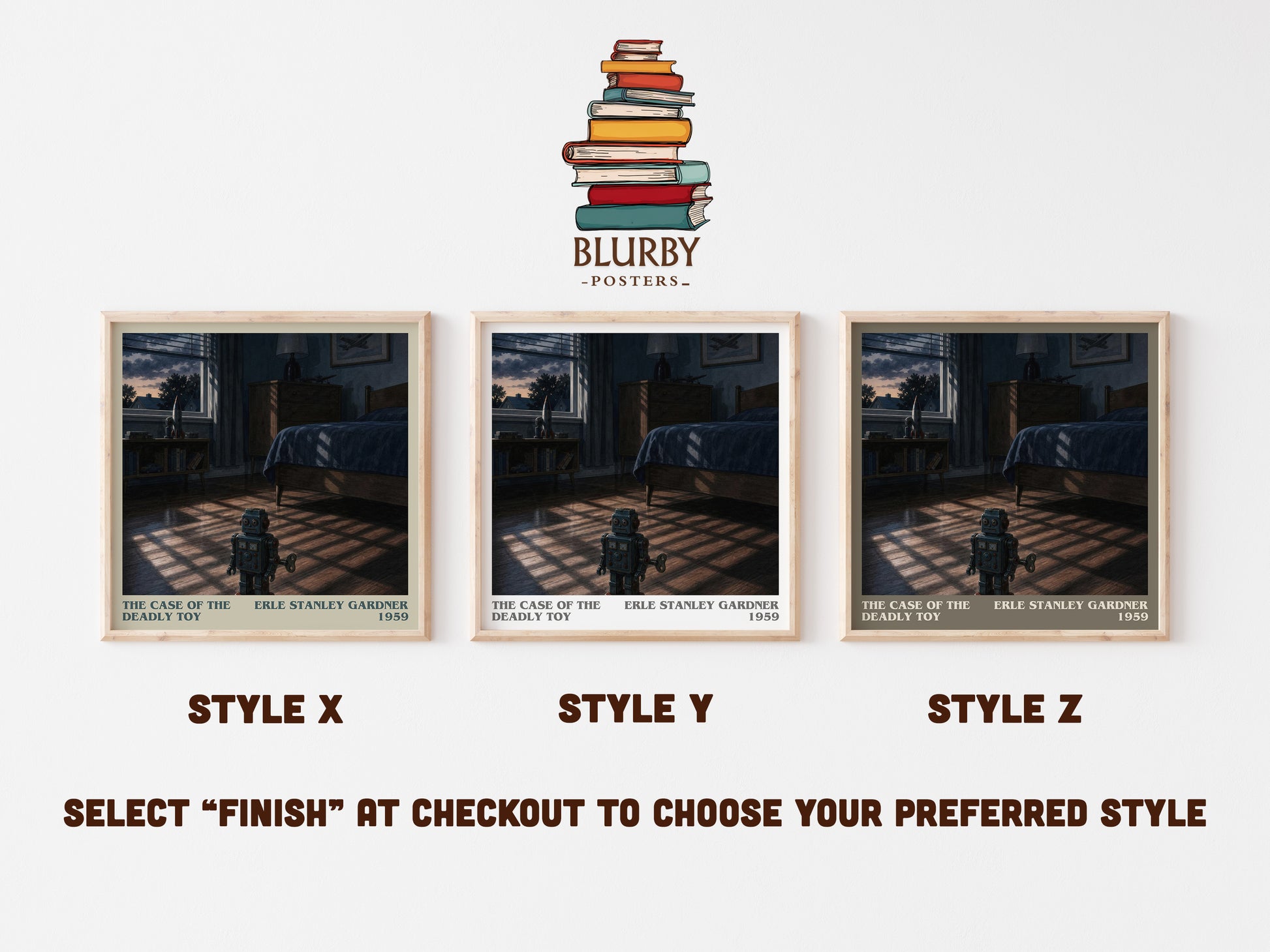 The Case Of The Deadly Toy literary print in frame leaning in hallway – mystery wall art