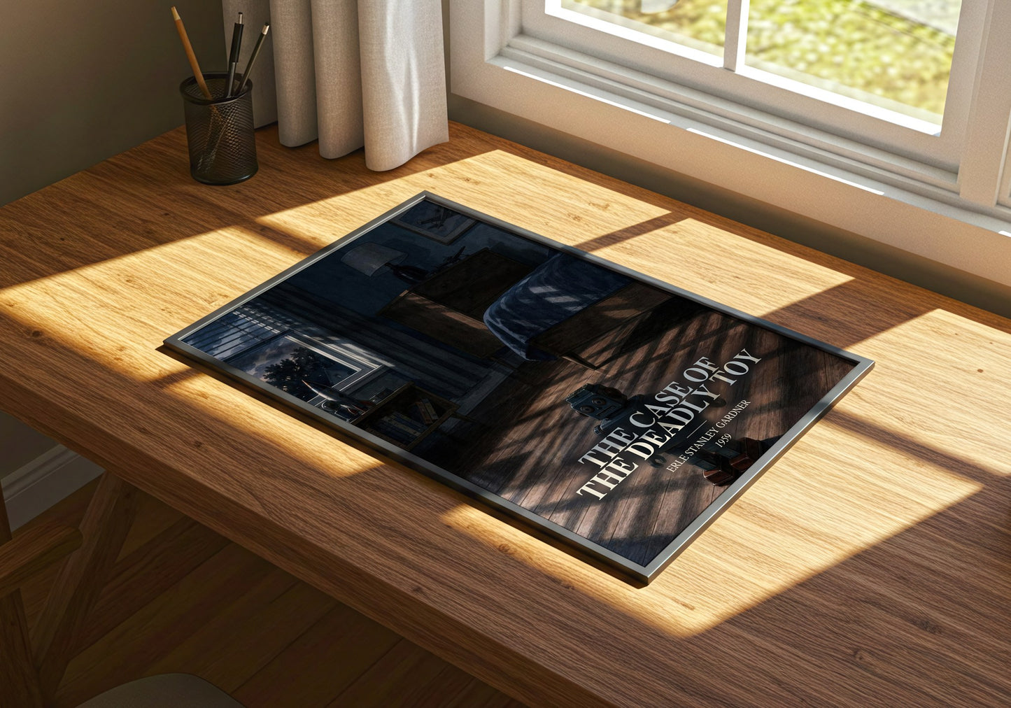 The Case Of The Deadly Toy watercolour book poster framed on wall – mystery wall art