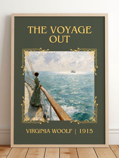 The Voyage Out Classic Book Art Print by Virginia Woolf – framed print leaning on a wooden floor