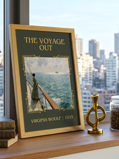 The Voyage Out Classic Book Art Print by Virginia Woolf – framed print on a city-view windowsill