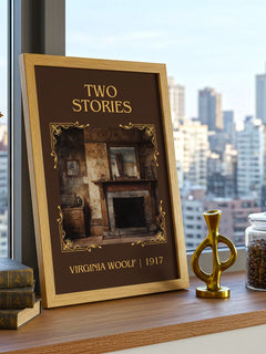 Two Stories Classic Book Art Print by Virginia Woolf – framed print on a city-view windowsill