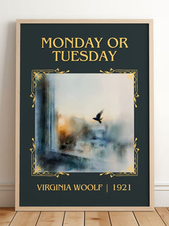 Monday Or Tuesday Classic Book Art Print by Virginia Woolf – framed print leaning on a wooden floor