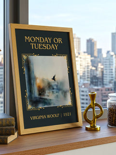 Monday Or Tuesday Classic Book Art Print by Virginia Woolf – framed print on a city-view windowsill