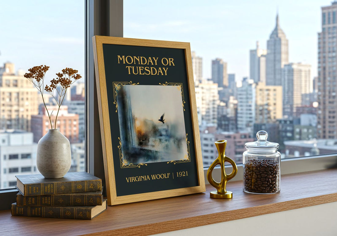 Monday Or Tuesday Classic Book Art Print by Virginia Woolf – framed print on a city-view windowsill