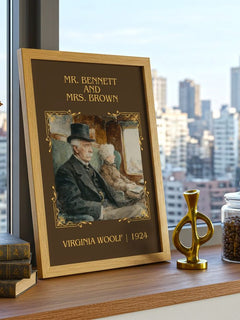 Mr. Bennett And Mrs. Brown Classic Book Art Print by Virginia Woolf – framed print on a city-view windowsill