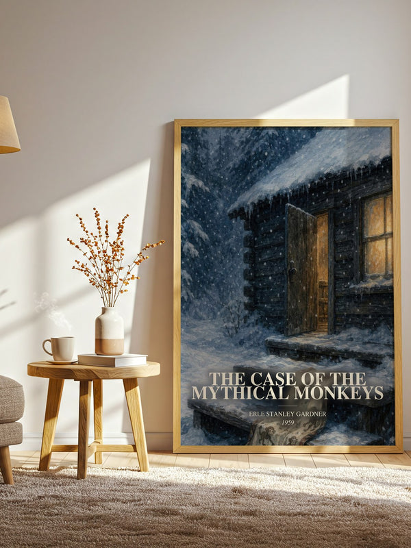 The Case Of The Mythical Monkeys watercolour print in frame leaning in hallway – mystery wall art