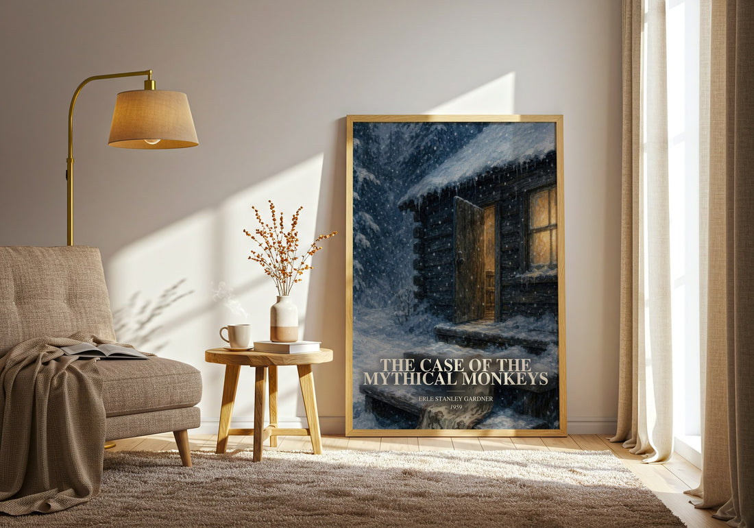 The Case Of The Mythical Monkeys watercolour print in frame leaning in hallway – mystery wall art (mockup)