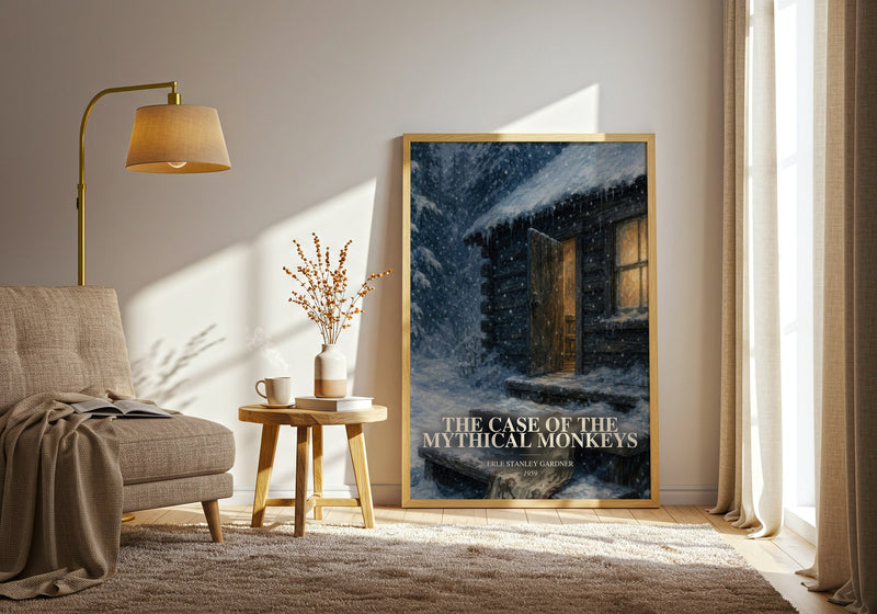 The Case Of The Mythical Monkeys watercolour print in frame leaning in hallway – mystery wall art