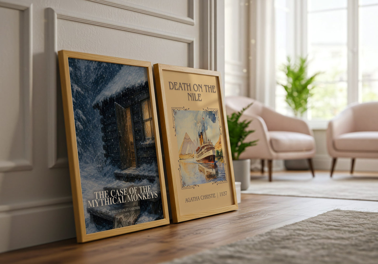The Case Of The Mythical Monkeys watercolour print framed by window – literary home decor