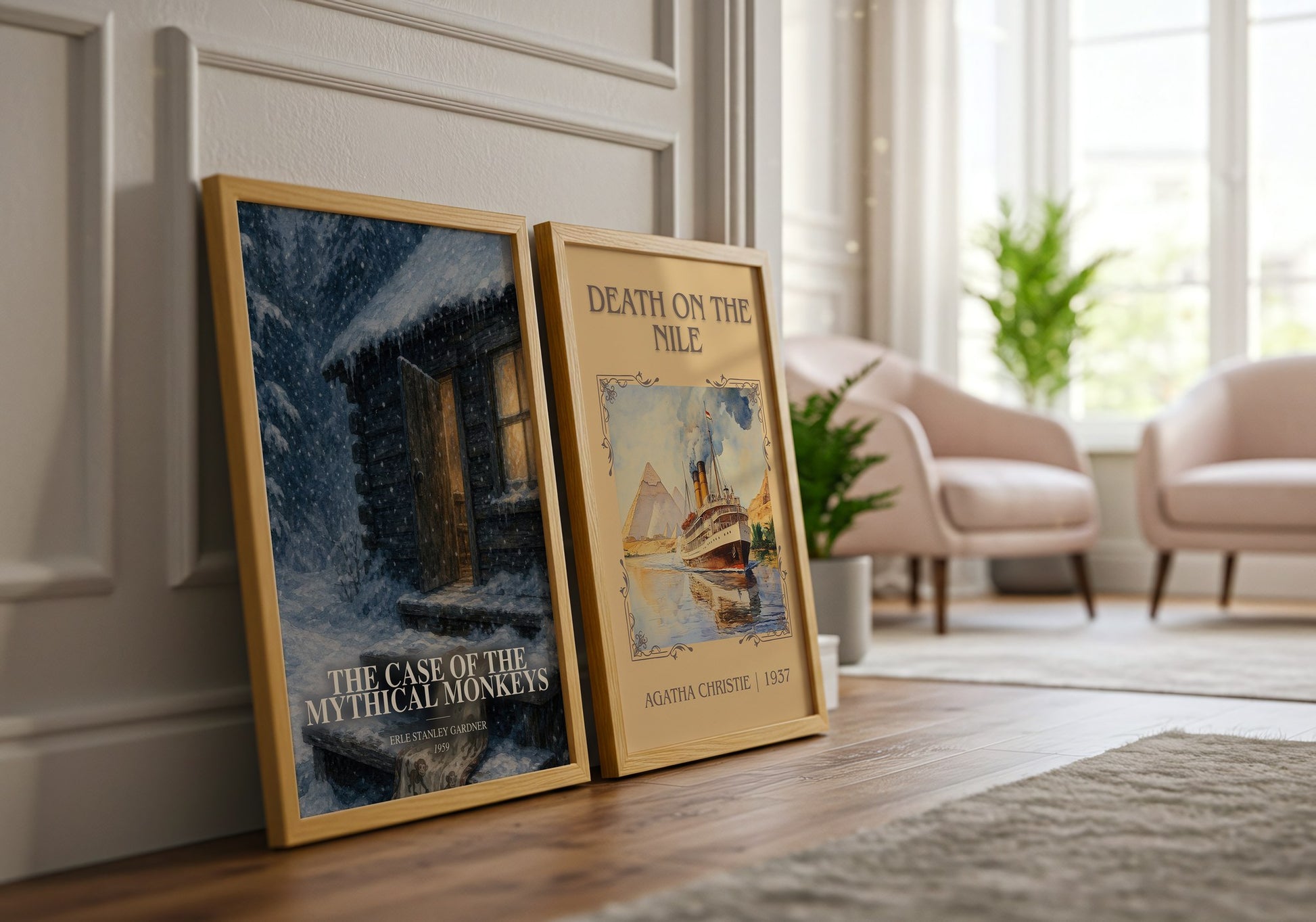 The Case Of The Mythical Monkeys watercolour print framed by window – literary home decor