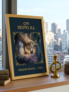On Being Ill Classic Book Art Print by Virginia Woolf – framed print on a city-view windowsill