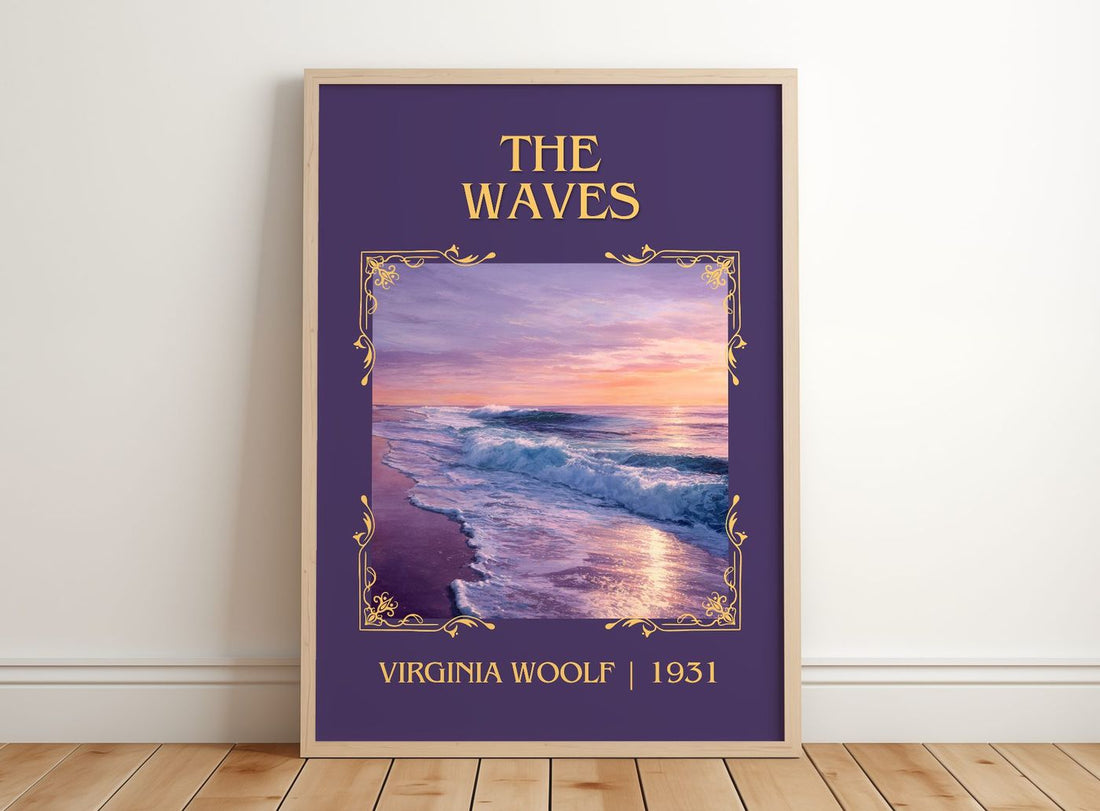 The Waves Classic Book Art Print by Virginia Woolf – framed print leaning on a wooden floor