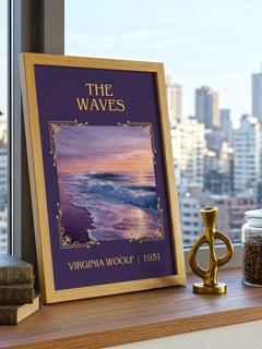 The Waves Classic Book Art Print by Virginia Woolf – framed print on a city-view windowsill