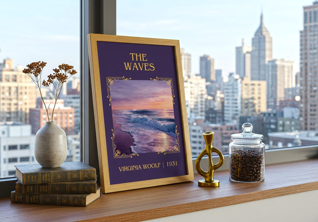 The Waves Classic Book Art Print by Virginia Woolf – framed print on a city-view windowsill