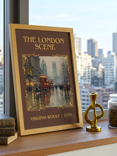The London Scene Classic Book Art Print by Virginia Woolf – framed print on a city-view windowsill