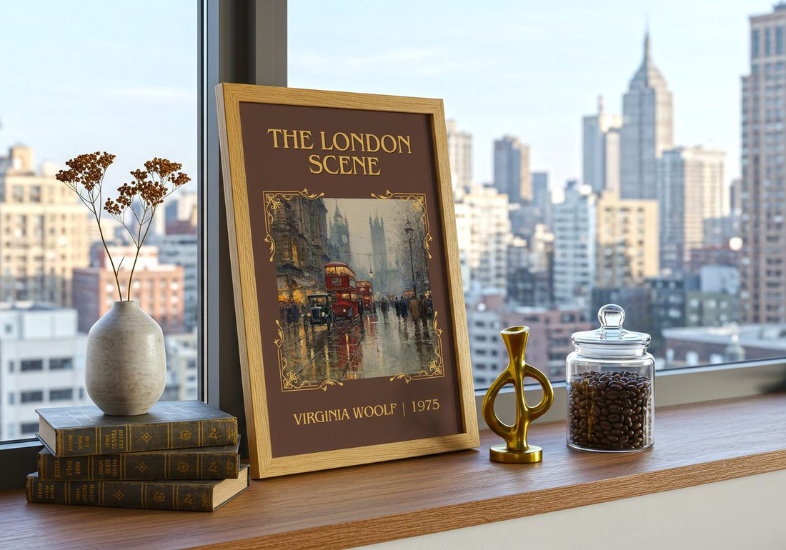 The London Scene Classic Book Art Print by Virginia Woolf – framed print on a city-view windowsill