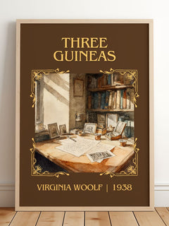 Three Guineas Classic Book Art Print by Virginia Woolf – framed print leaning on a wooden floor