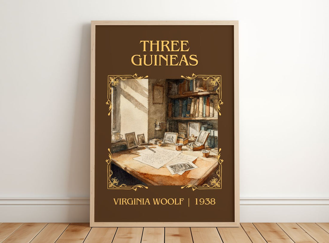 Three Guineas Classic Book Art Print by Virginia Woolf – framed print leaning on a wooden floor